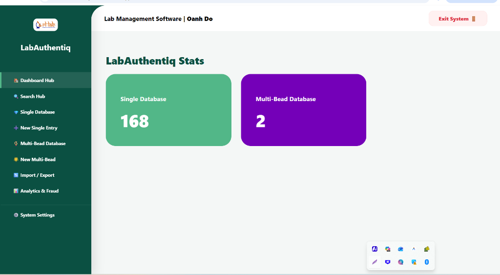 Real LabAuthentiq Dashboard Stats showing 168 Single Database Records and 2 Multi-Bead Database Records