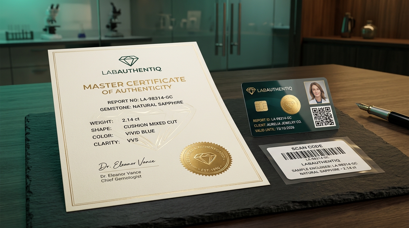 LabAuthentiq Official Physical Certificate Package - A4 Master Certificate, Smart PVC Card with QR, and Thermal Pouch Sticker