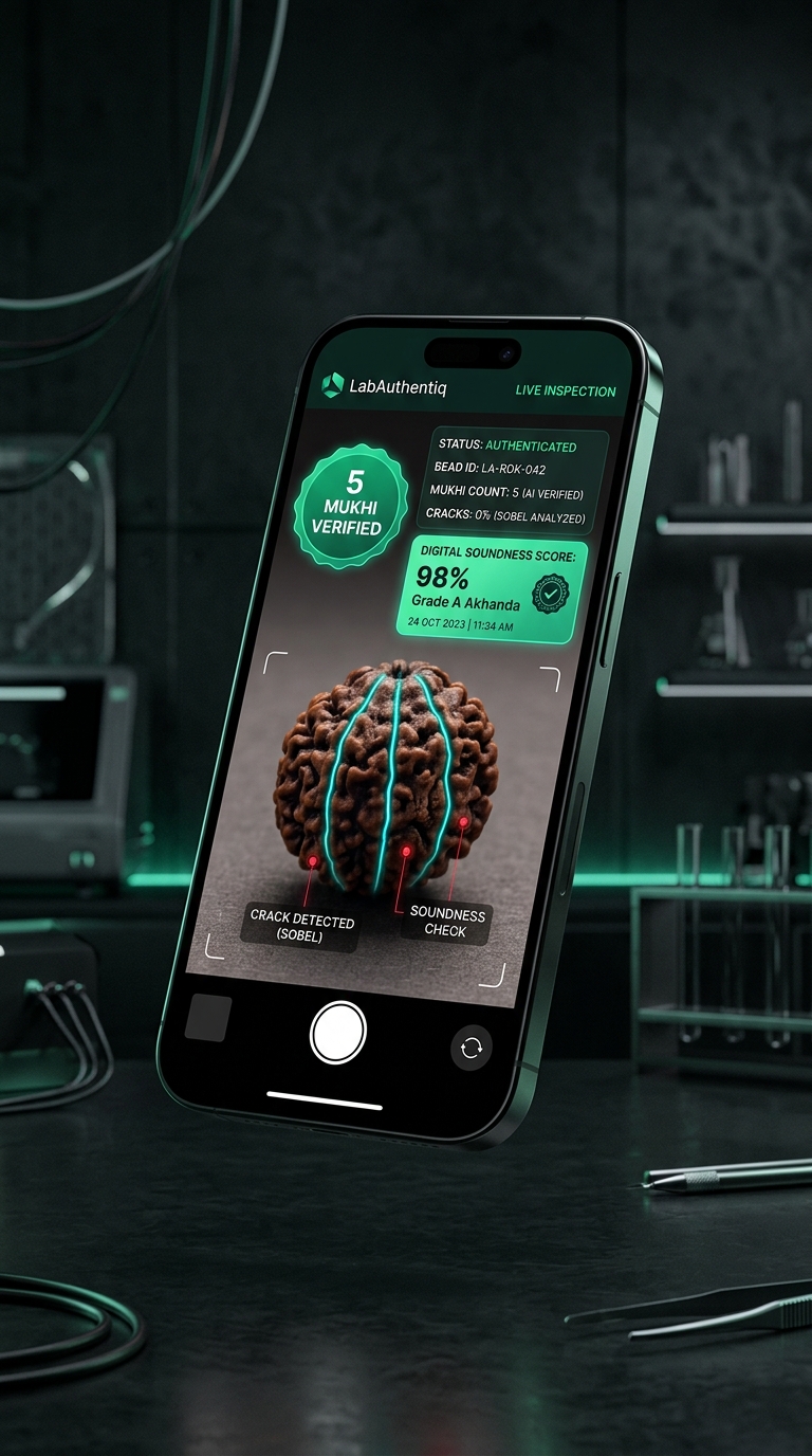 LabAuthentiq Flutter Mobile App running Live Rudraksha Inspection with Crack Detection and Soundness Score